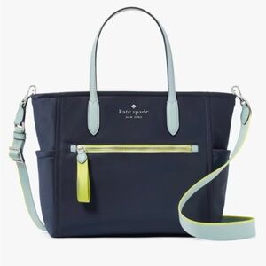 kate spade navy satchel with mint and chartreuse accents